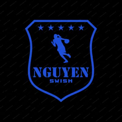 Blue shield logo with a basketball player, reading NGUYEN, SWISH