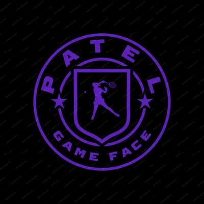 Purple round crest with a tennis player, reading PATEL, GAME FACE