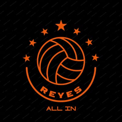 Orange volleyball logo with stars, reading REYES, ALL IN