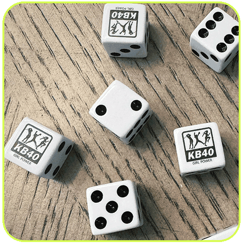 Dice printed with the KB40 logo