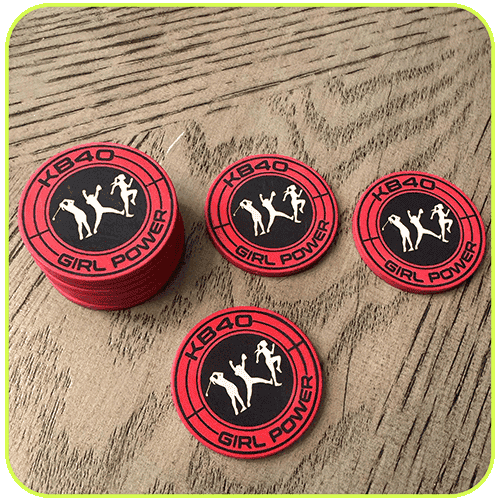 Poker chips printed with the KB40 logo