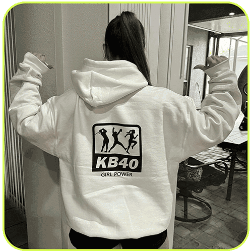 A hoodie with the KB40 logo on the back