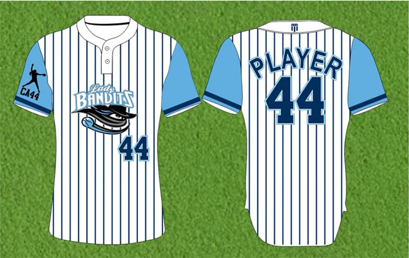 Pinstripe baseball jerseys with a player logo and number 44